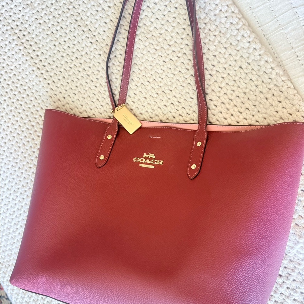 Coach Burgandy Leather Tote with Pink interior Bag with Gold Hardware